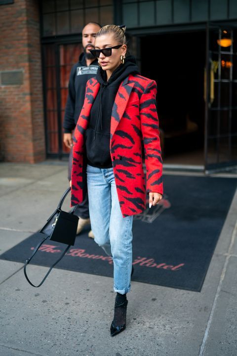 hoodie with jeans, statement blazer, red and black blazer, casual Christmas outfit